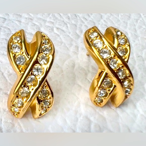 Christian Dior Vintage 1980s CrissCross X Link Gold Rhinestone Pierced Earrings - Picture 1 of 9
